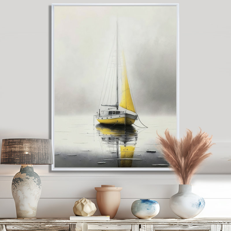 Bateau ancré I - art mural bateau côtier, H 40 po x l 30 po, Cadre flottant blanc