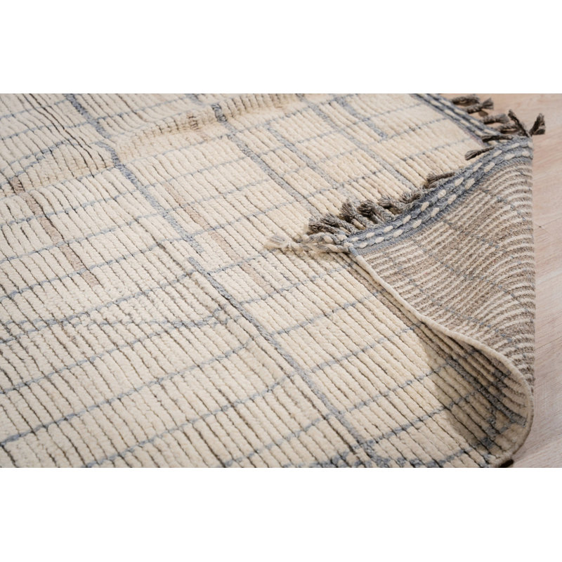 5x9 Ivory Hand-Knotted Wool Linear Gridwork Modern Geometric Contemporary Carpet Rug