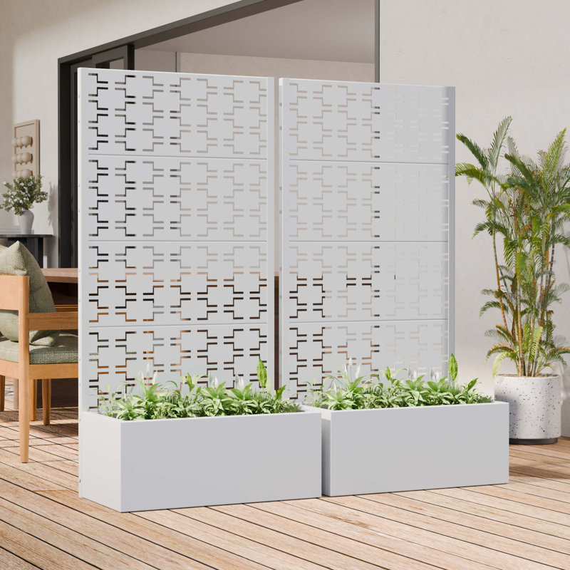 Outdoor Metal Planter Box with Trellis Decor Raised Garden Bed with Lattice Panel for Patio, White