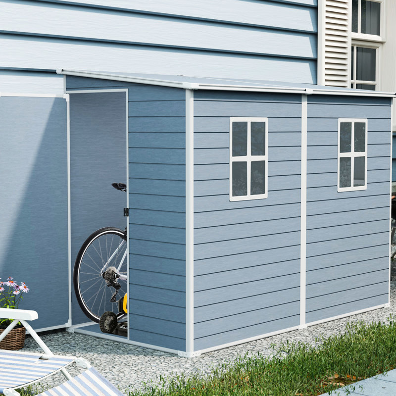Remise de rangement extérieure 4 x 8 pi en résine grise, avec plancher, deux fenêtres, portes imperméables et verrouillables, toit en pente stable pour la cour de patio, deux fenêtres en résine, excellent patio, cour, rangement,