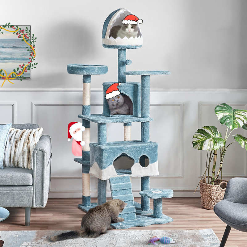 Ocean-Themed Blue and White Multi-Level Cat Tree Tower with Shark Bed