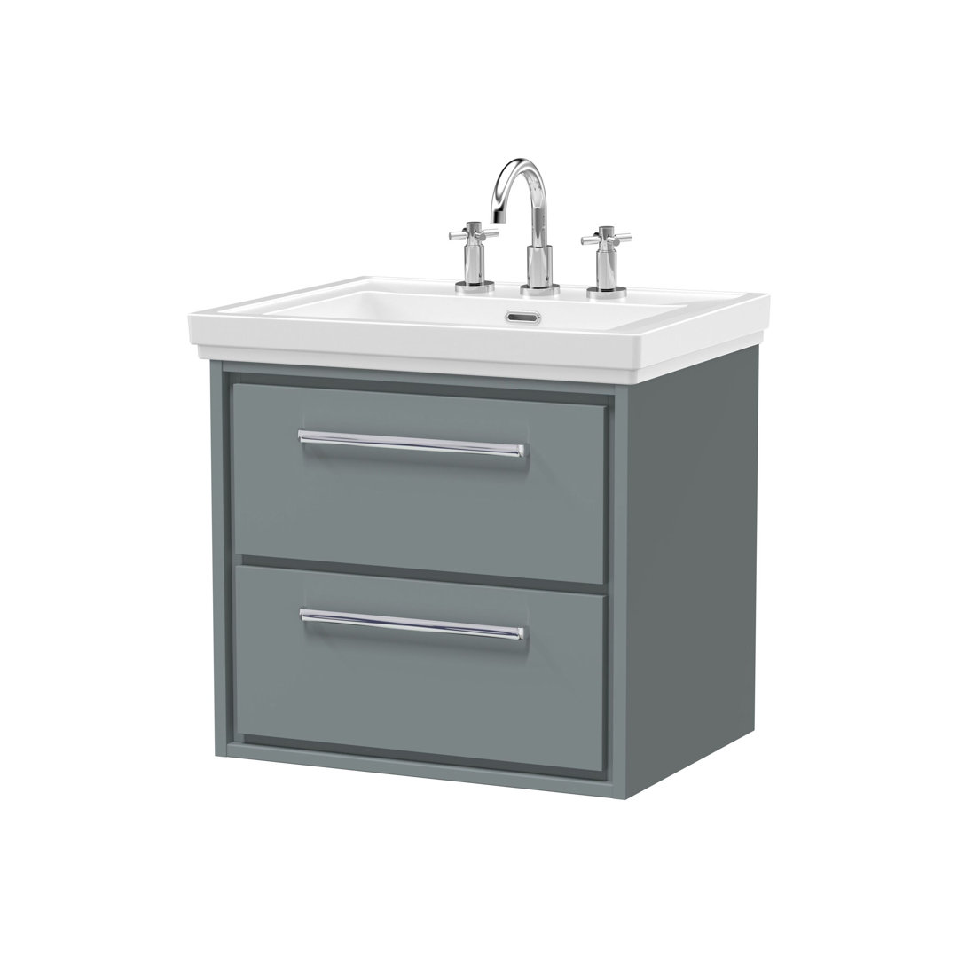 Hudson Reed Lille 600mm Fern Green 2 Drawer Wall Hung Vanity Unit With 3 Tap Holes Fireclay Basin