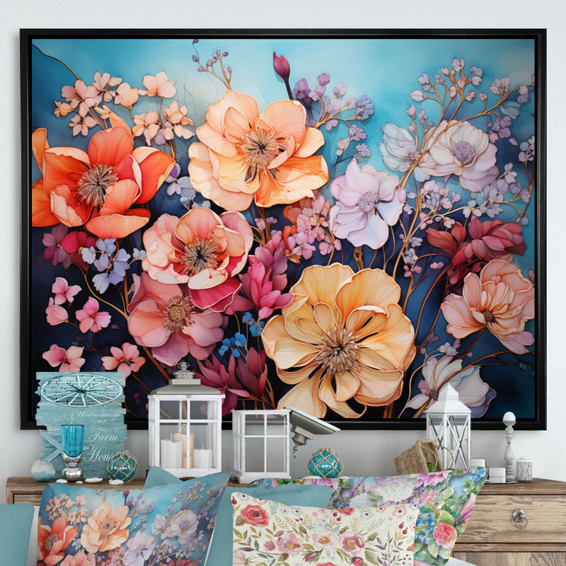Corail floral symphonie I - abstrait Botanicals Wall Art Living Room, L 20 po x H 12 po, Cadre flottant noir
