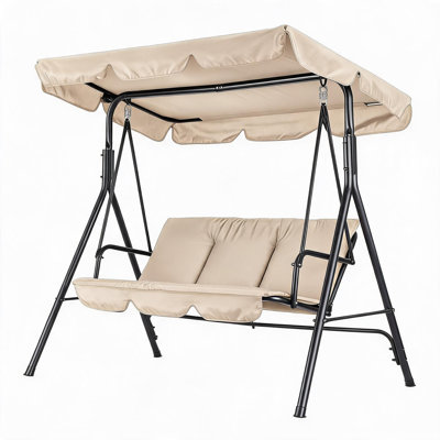 Balancelle d'extérieur 3 places avec auvent réglable, structure en acier robuste, coussins amovibles imperméables, banc à bascule pour véranda, terrasse, jardin, cour - Khaki-zy