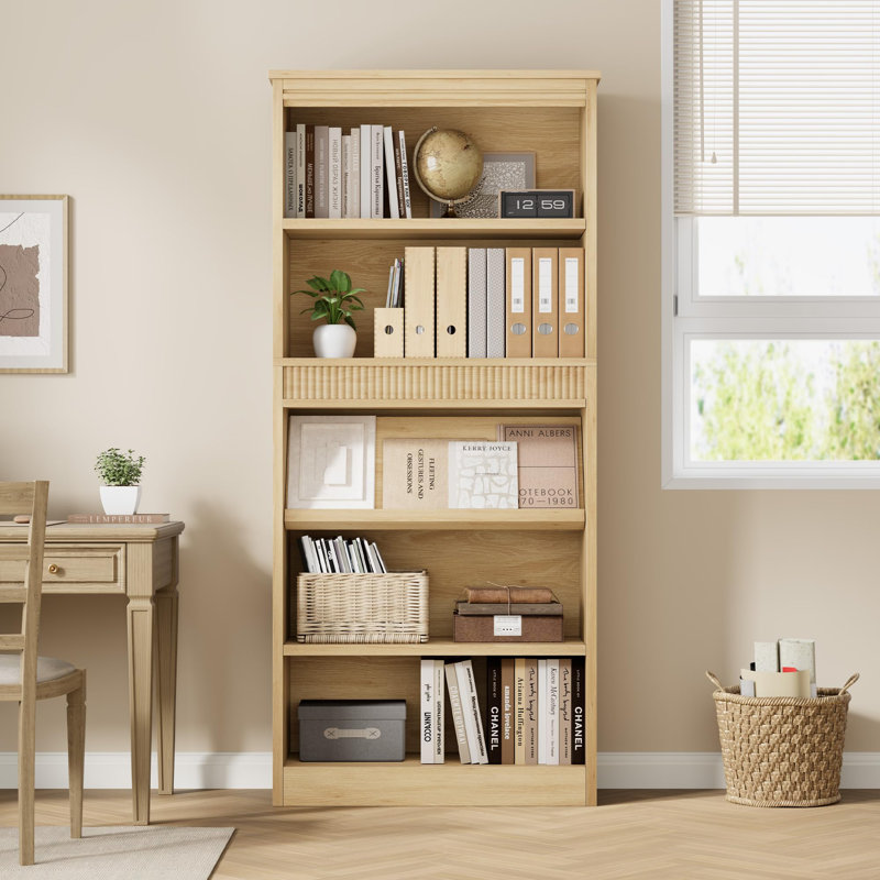 Rustic 71" Tall 5-Tier Bookcase – Single Wave Fluted Design – Adjustable Shelves, Wooden Base, Vintage Display Rack for Living Room, Office, Library (White)