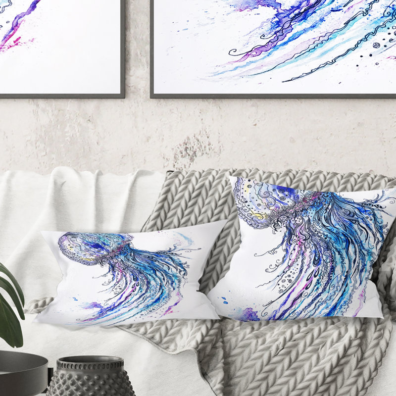 Jelly Fish Watercolor - coussin imprimé animal, 16 po x 1 po, Coussin décoratif