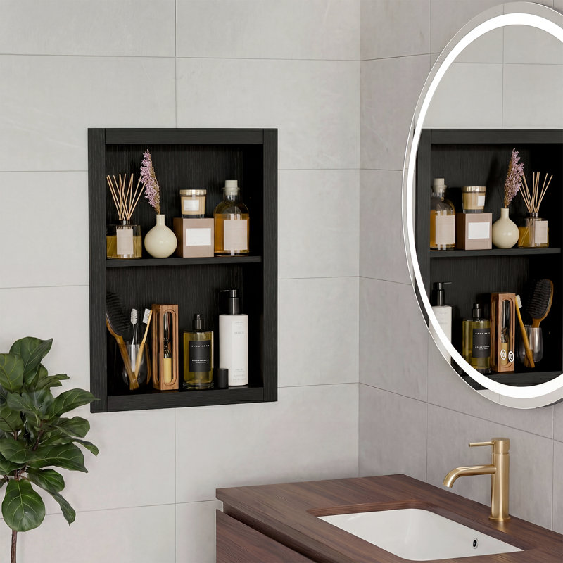 14'' * 18'' Recessed Medicine Cabinet Wall Niche Wood, 2-Tier Bathroom Wall Niche Insert for Drywall, In Wall Shelf Medicine Cabinets Replacement, for Living room, Bathroom Storage, Black