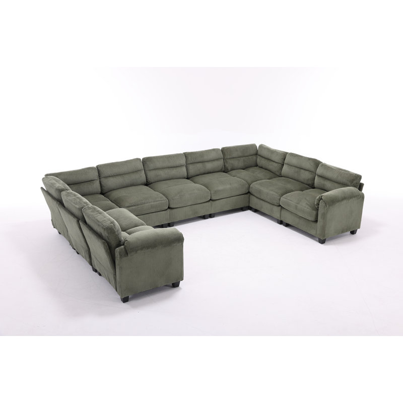 Dona 9-Piece U-Shaped Corduroy Upholstered Modular Sectional, Pillowtop Arm, Green Corduroy