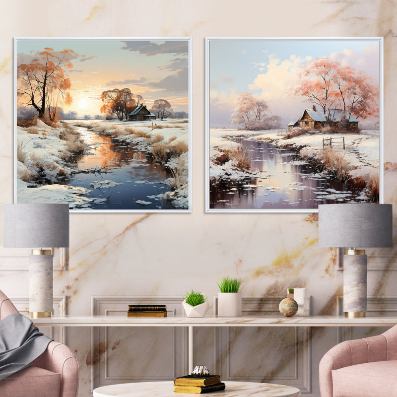 Farm and River Winter Scenery - Farmhouse Square, Cadre flottant blanc, H 16 po x l 33 po