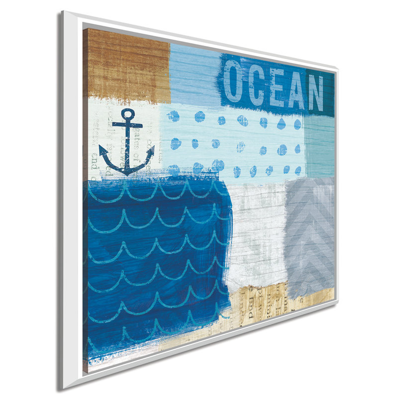 «Beachscape Collage II», art textuel sur toile, H 39,5 po x l 39,5 po x P 2 po, Cadre flottant blanc