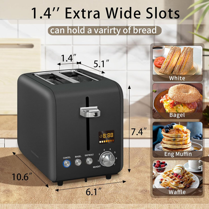 Toaster 2 Slice, Stainless Steel Bread Toaster LCD Display, 7 Bread Shade Settings, 1.4'' Wide Slots, Matte Black