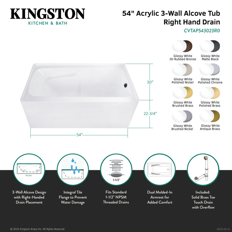 Kingston Brass Aqua Eden 54-Inch Acrylic Rectangular 3-Wall Alcove Tub With Armrests, Right, Polished Brass