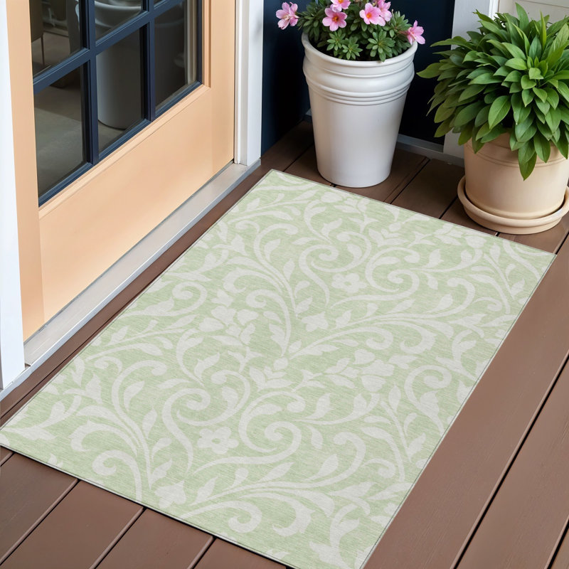 Tapis d'intérieur / extérieur 3 pi x 5 pi vert et ivoire à motif artichaut floral lavable