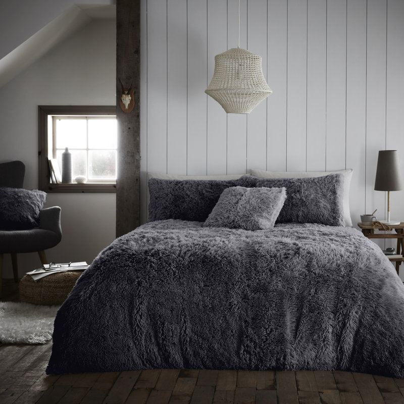 Solid Colour Duvet Cover Set with Pillowcases, Double - 2 Standard Pillowcases, Charcoal