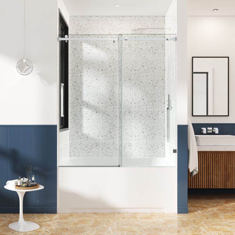 56-61" W x 60" H Frameless Single Sliding Tub Door with 3/8" (10mm) Clear Tempered Glass, Shatter-Resistant Film & Installation Hole Locator - Square Top Rail