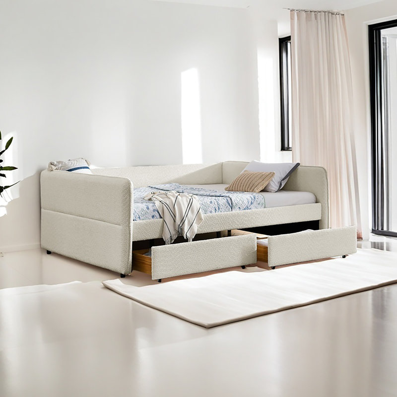Daybed With Trundle Upholstered Tufted Sofa Bed, With Two Drawers, Queen Size, Boucle Fabric, Beige