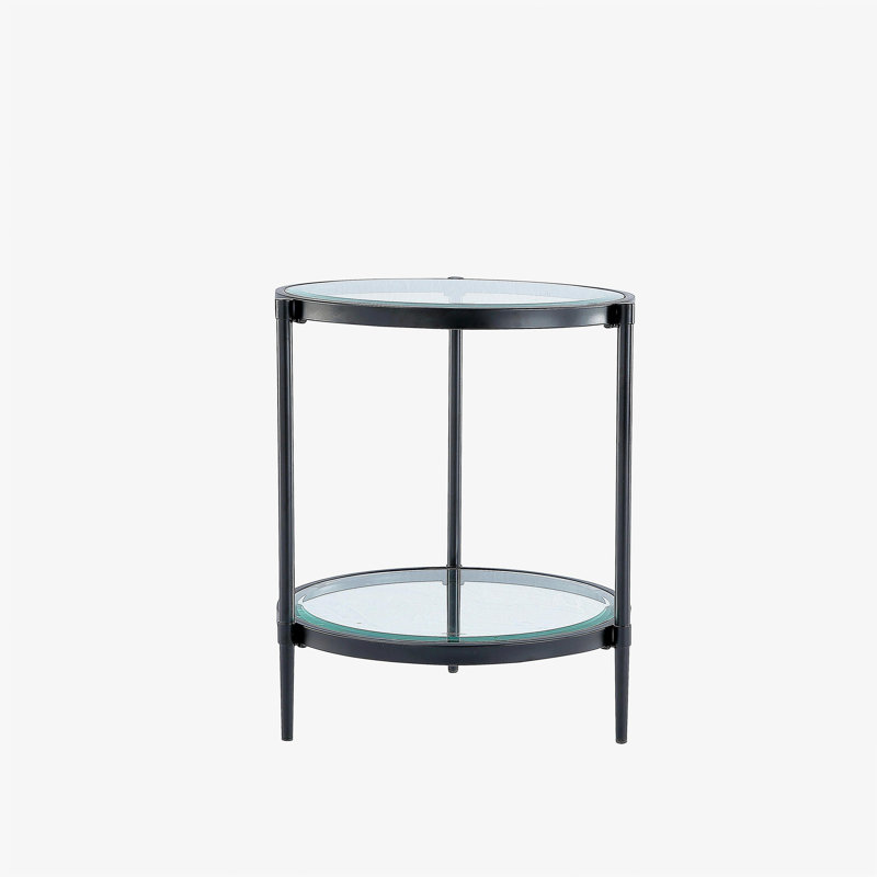 Table basse élégante et minimaliste, verre trempé transparent et cadre industriel noir mat