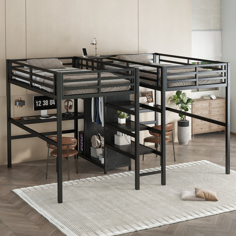 Loft Bed Twin Size With Desk, Metal Double Loft Bed Frame With Charging Station, Wardrobe & Storage Shelves, Noise Reduced, For Kids Teens Adults,black