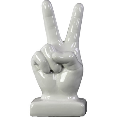 Sculpture en céramique signe de la paix à la main sur fond blanc lustré