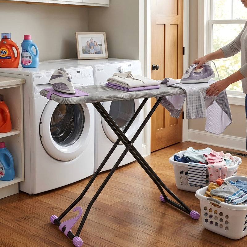 Adjustable Ironing Board with Silicone Iron Rest, Foldable Ironing Board with Heat-Resistant Cover and Wall Mount Hanger