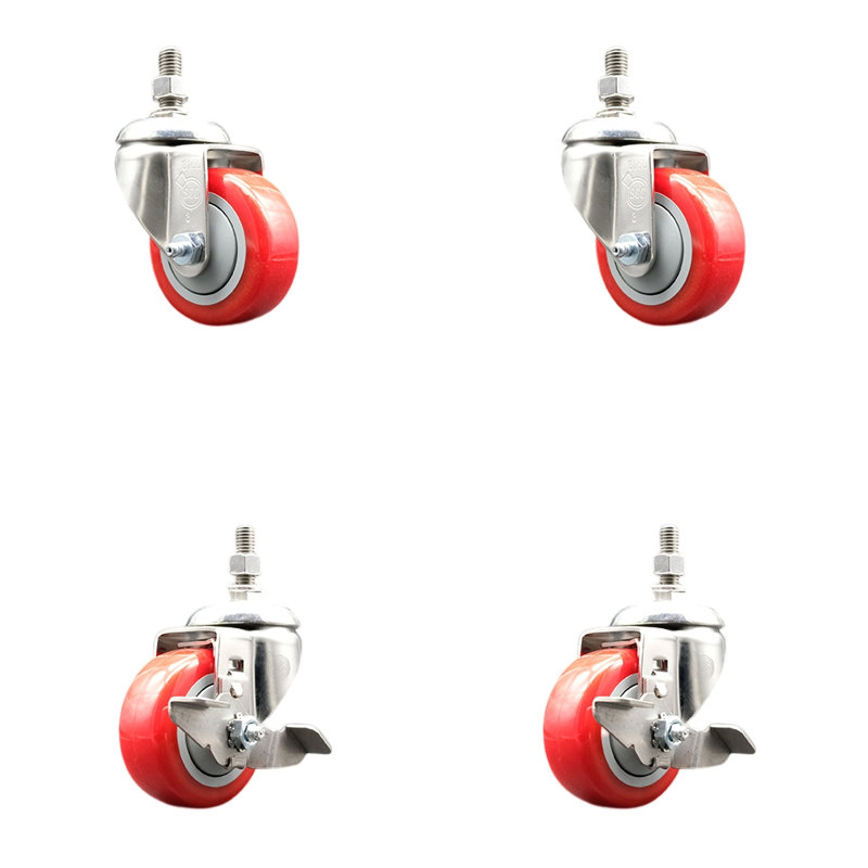 Ensemble de roulettes à tige pivotante 3,5 pouces en polyuréthane rouge 3,5 mm 12mm 2 frein SCC