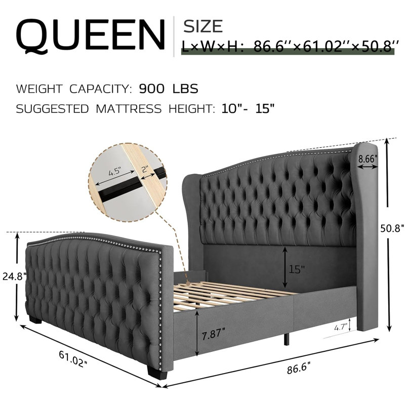 Platform Bed Frame With Wingback Headboard, Queen, Gray
