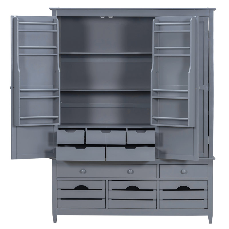 Buffet de cuisine autoportant en bois avec 10 tiroirs, 8 tablettes de porte et 4 plateaux coulissants, Gris