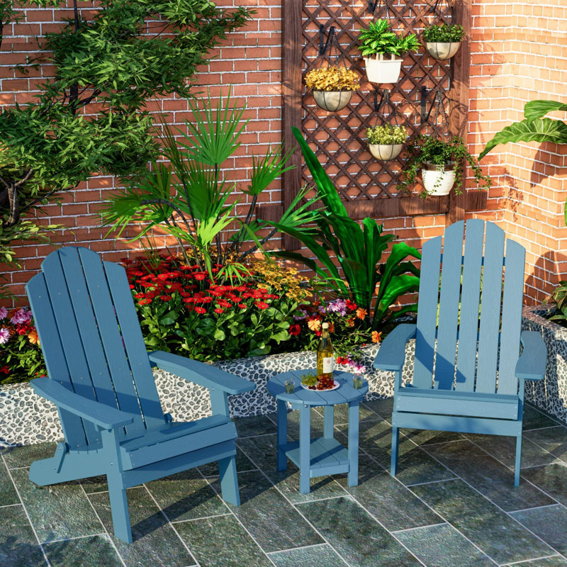 Chaise Adirondack pliante en plastique pour l'extérieur avec table ronde, Bleu marine