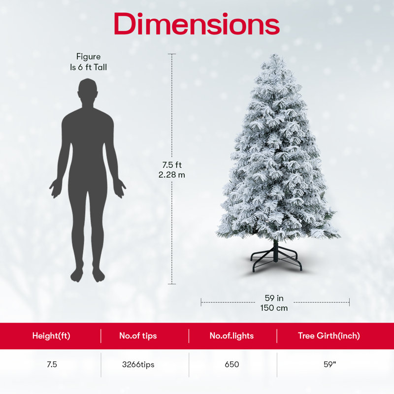 Snow Flocked Traditional Christmas Tree with Lights, Christmas Tree Prelit with Metal Stand, 7.5 ft