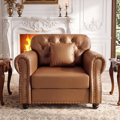 41.3" Upholstered Faux Leather Accent Chair Mid-Century Modern Chesterfield Armchair With 1 Pillow