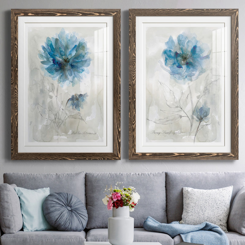 Dahlia - ensemble de 2 reproductions d'art, Blanc, Papier, cadre noyer, H 44 po x l 31 po x P 1 po