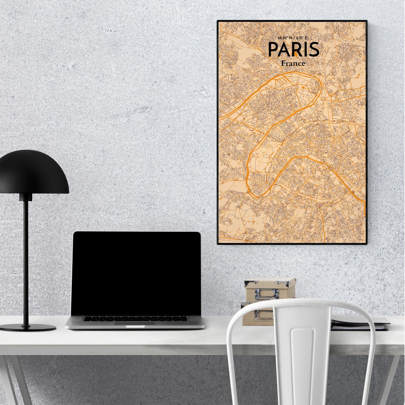 Carte de Paris, impression nautique, H 36 po x l 24 po x P 0,05 po, Orange / or pâle