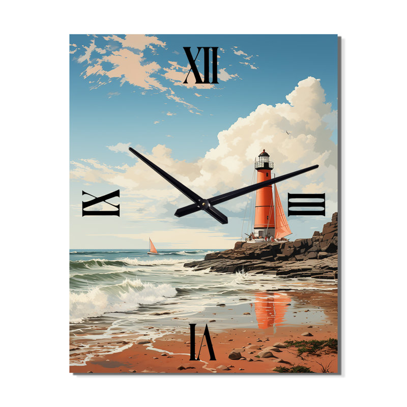 Illustration rétro de plage, phare et plage - horloge murale moderne, Très grand