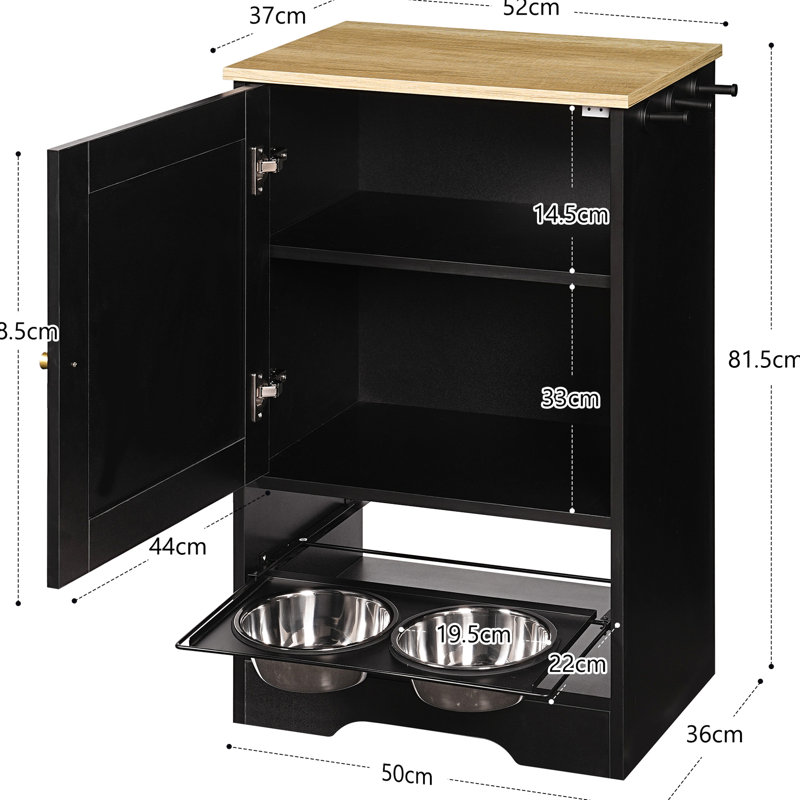 Pet Feeding Station With 1 Cabinet & 2 Elevated Bowls - Black, Long-Lasting Black Pull-Out Drawer Space Saving Solution