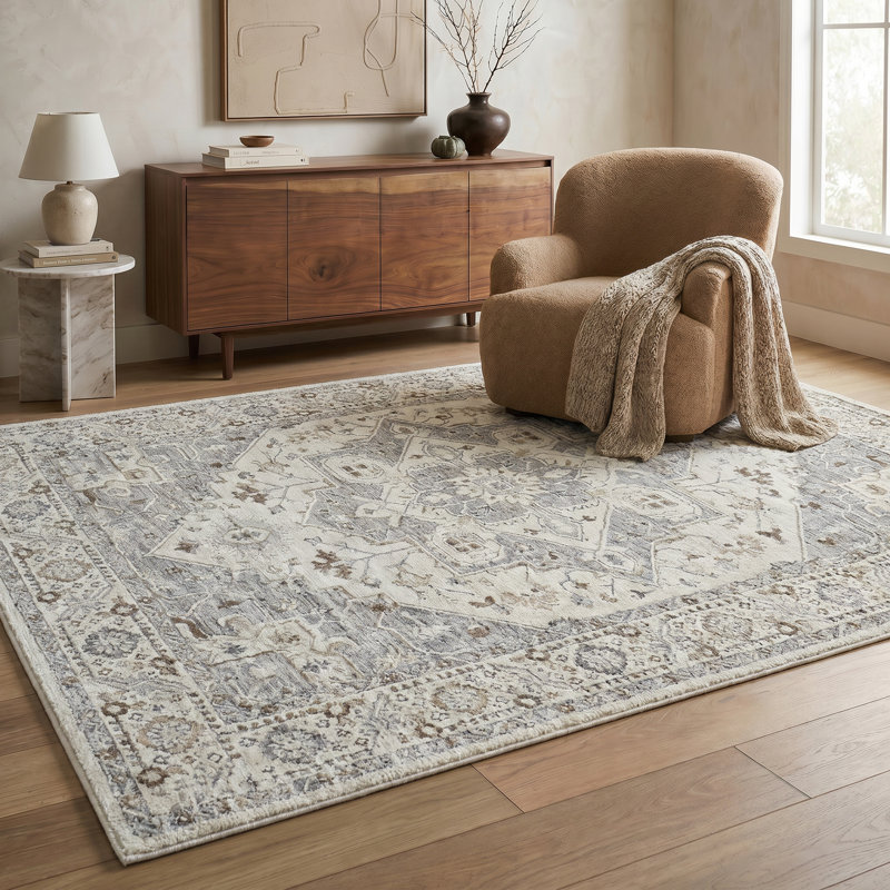 Rug Branch Rasan 4' x 6' (3'11" x 5'7") Grey/Beige Oriental Indoor Area Rug, Contemporary, Medium Pile, Stain-Resistant Carpet - Living Room, Bedroom, Dining Room, and Kitchen
