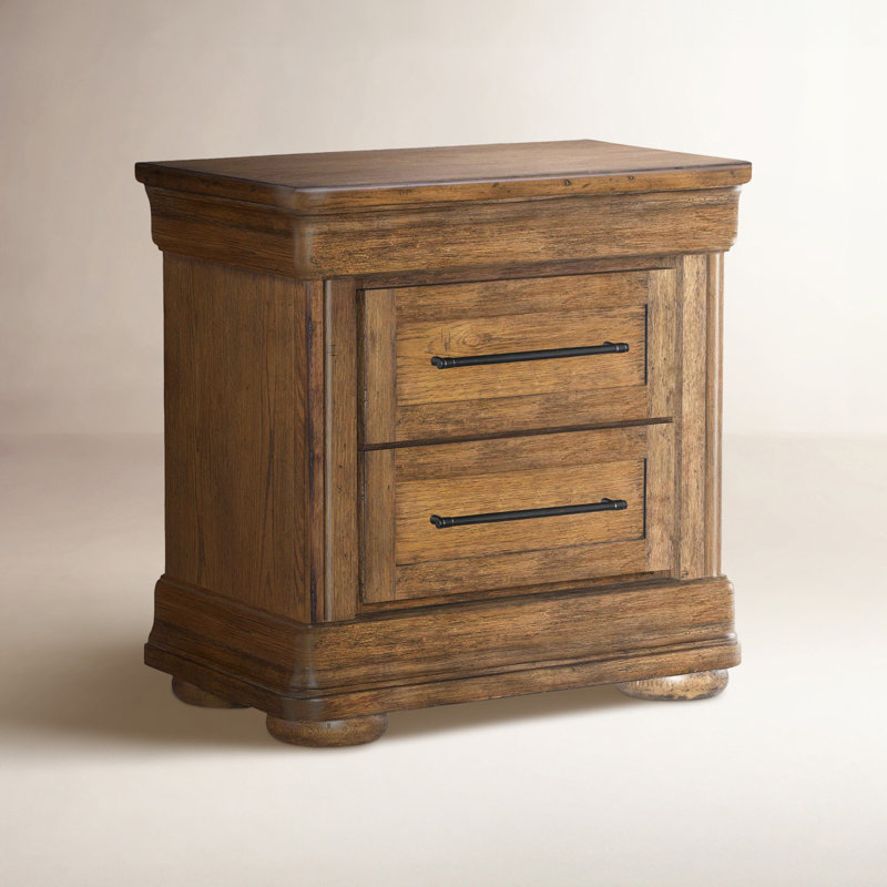 Vintage Market 28" Wide Barnwood Oak Country Nightstand 2 Drawer with Power Outlets, Brown