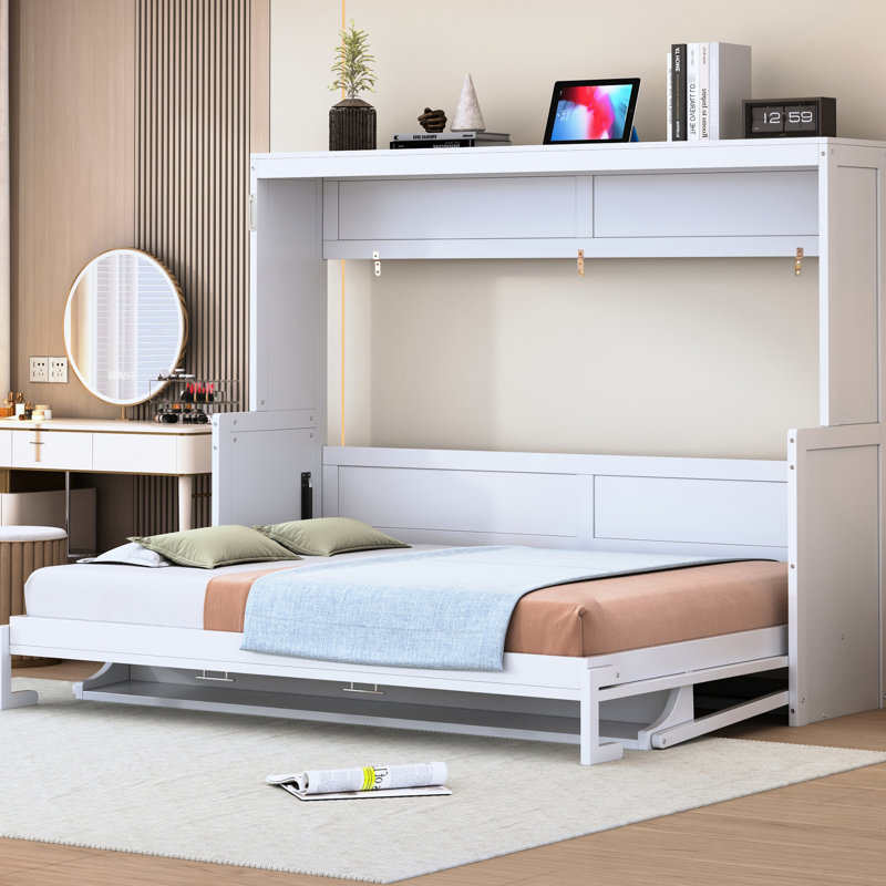 Lit double, couleur blanche, bureau hydraulique pliant, peu encombrant pour les petits espaces de vie, support de 600 lb, lit double / grand avec rangement intégré pour matelas avec mécanisme, cadre, capacité de poids,