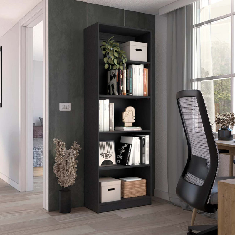 Bibliothèque Home avec 4 tablettes et plusieurs niveaux de rangement, Noir