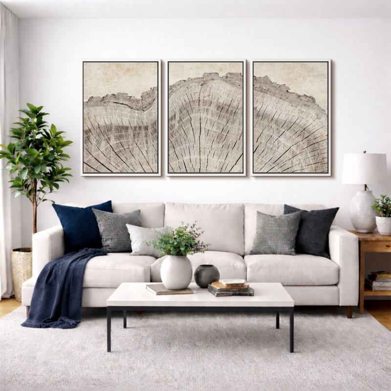 Tree Ring "Rustic Oak Wood Stump Artwork, Farmhouse Cabin Decor Neutral Wall Pictures, 3 Pieces Framed Canvas Digital Giclee Print Wall Art"