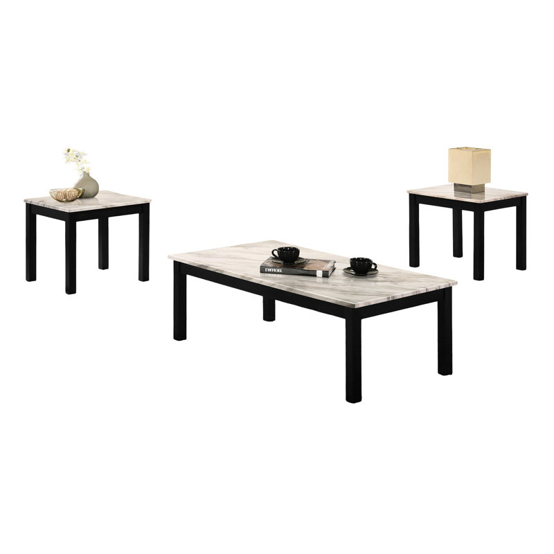 Table basse 3 pièces de style classique: plateau en faux marbre, pieds noirs, décoration élégante pour le salon et 3 pieds pour un espace moderne