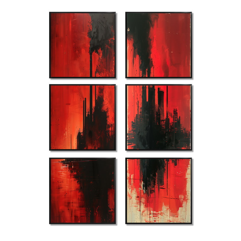 Red Red Polution Industrial Power Plant - Power Plants, ensemble de 6 reproductions d'art mural, Toile tendue