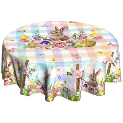 Easter Round Tablecloth 60 In, Rabbit & Butterfly Watercolor, Buffalo Plaid, Egg And Spring Floral