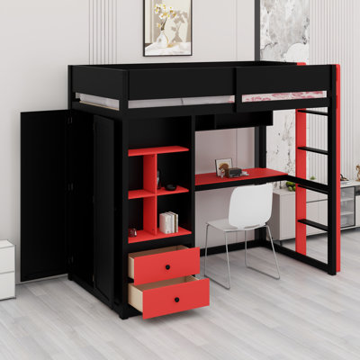 Lit mezzanine avec bureau, armoire, armoire de rangement, ports USB et lumières à DEL
