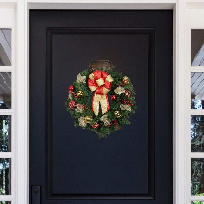 24'' Green and Gold Artificial Christmas Wreath with LED Lights
