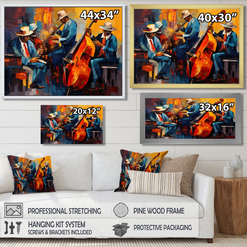 Cool Jazz Quartet - Musician Wall Art For Living Room, Toile avec cadre flottant or, H 34 po x l 44 po x P 1,5 po