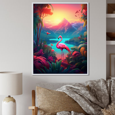Pink Flamingo In Tropical Landscape - Flamingo Wall Art
