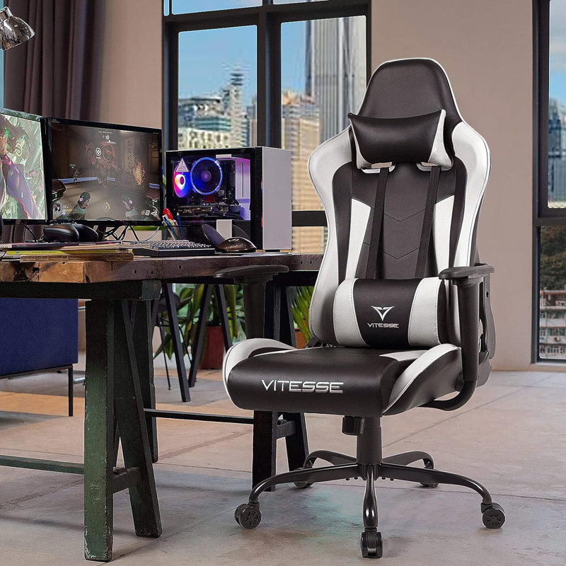 Fauteuil de jeu ergonomique pour ordinateur avec support et appui-tête de 330 lb, Blanc, H 49,7 po x l 22,2 po x P 21 po