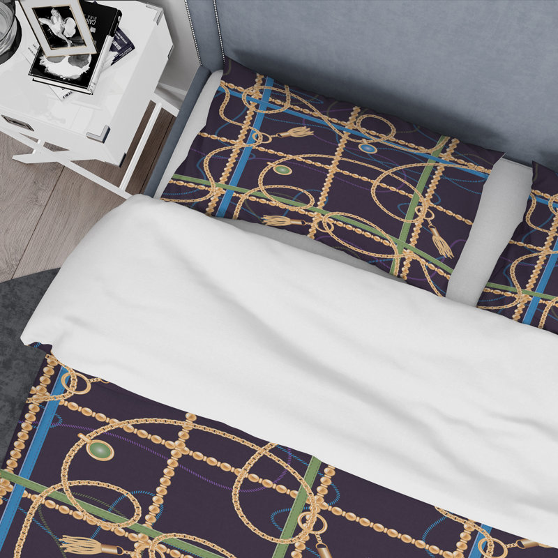 Ensemble de housse de couette de chaîne tendance de style mid-century, Housse de couette très grand + 2 taies décoratives
