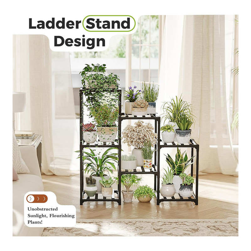 Black 3-Tier Bamboo Ladder Plant Stand for 7 Pots