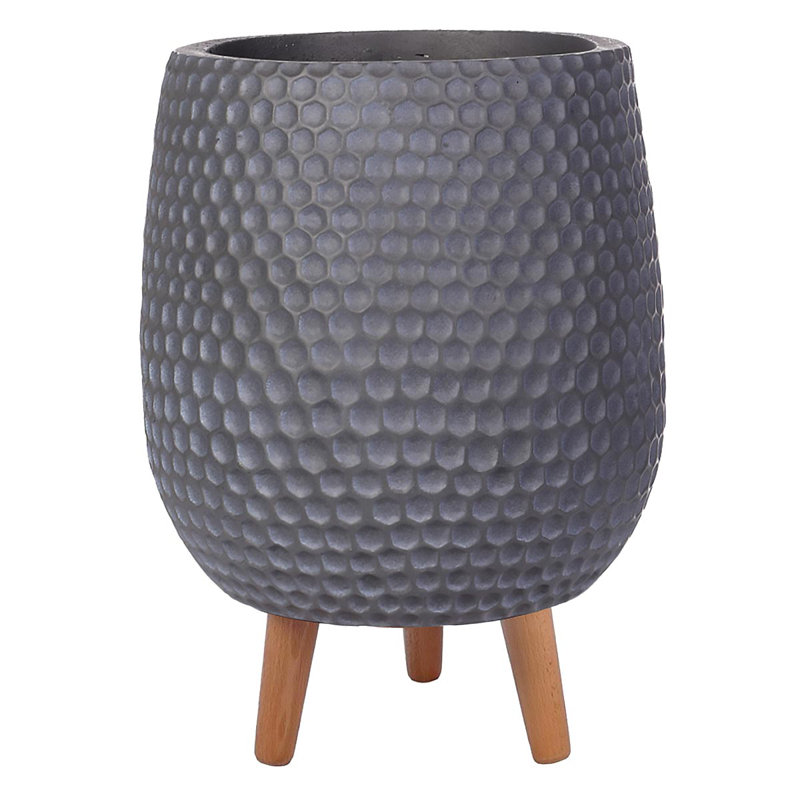 Concrete Effect Round Planter on Hardwood Legs, Round Indoor Plant Pot Stand for Indoor Plants, Indoor Flower Pot with Honeycomb Pattern